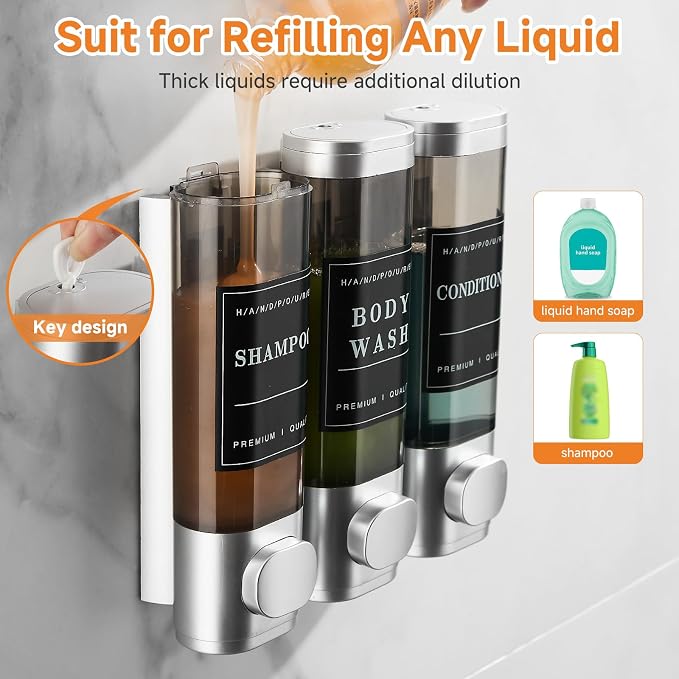 Shampoo and Conditioner Dispenser,Shower Dispenser 3 Chamber No Drill Wall-Mounted Shampoo Dispenser for Shower Wall Mounted Shower Soap Dispenser for Bathroom Hotel Large Capacity,Light Silver