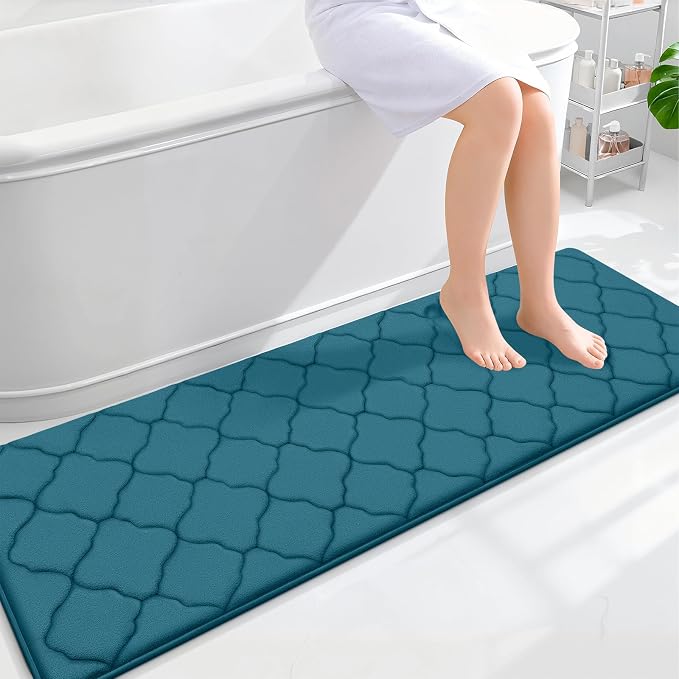OLANLY Memory Foam Bath Mat Rug 59x20, Soft Bathroom Rugs, Peacock Blue | Thick Absorbent Carpet, Non-Slip Backing, Machine Washable, for Bathroom Floor, Tub, Shower and Home Decor Accessories