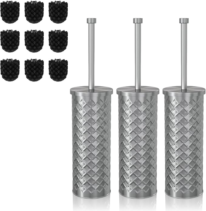 Toilet Bowl Brush and Holder Set 3 Pack with 6 Extra Brush Heads (Silver) | Extra Long Handle with Splash Guard Cover, Tool-Free Installation, Bathroom Space-Saving, Cleaner Sets for Apartments, RV