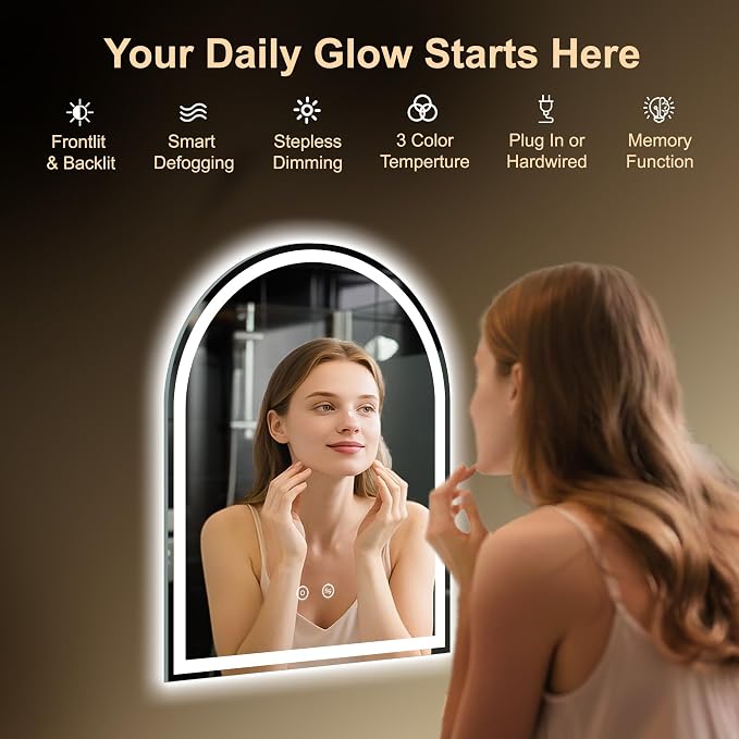 Arched LED Lighted Bathroom Mirror with Lights 28"x36"Smart Anti-Fog | Dimmable 3 Color Modes, Backlit and Front Lit, Memory Function, HD Tempered Glass,Touch Sensor