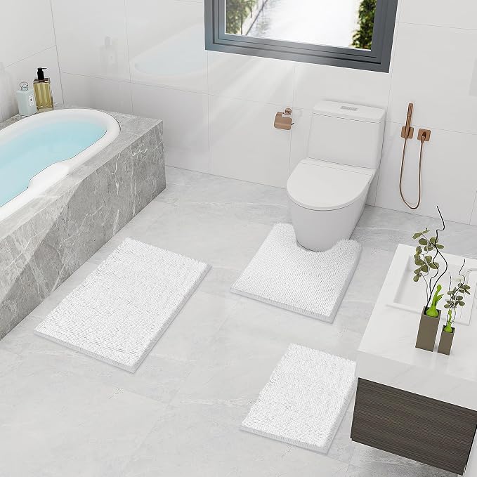 TREETONE Bathroom Rugs Sets, Thick Soft Absorbent 3 Piece Chenille Bath Rugs, Non-Slip, Dry Quickly, Machine Washable, Shaggy Mats with U-Shaped Toilet Rug for Bathroom Floor, Tub and Shower, White