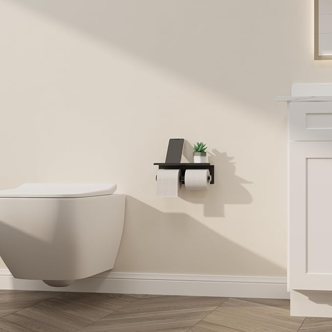 Black Toilet Paper Roll Holder with Shelf Wall Mounted for Bathroom (Black, Double Head)