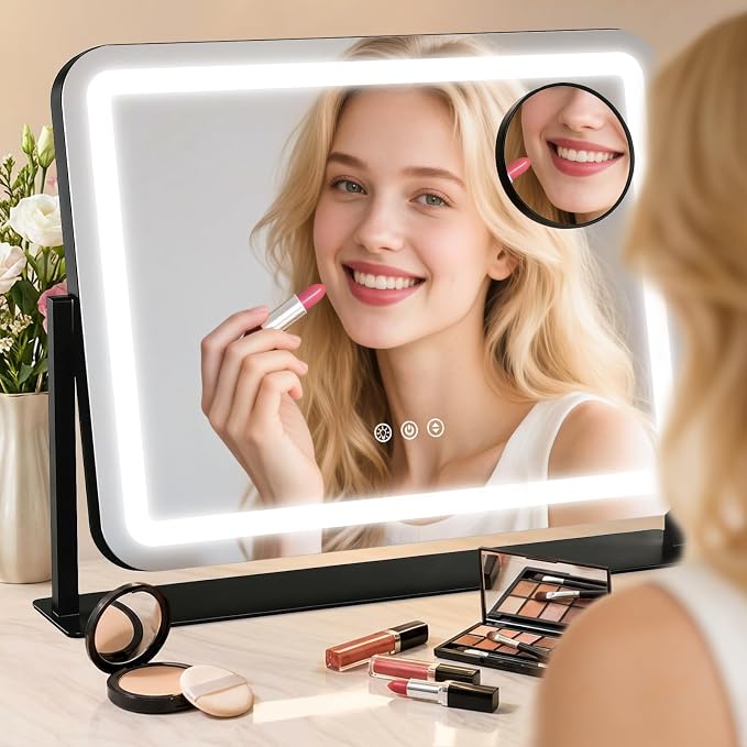 Vanity Mirror with Lights 22"x17", Lighted Makeup Mirror with 10X Magnification, 3 Color Dimmble Lights, Touch Control, 360° Rotation, Metal Frame, Women's Gift, For Bedroom/Dressing Room, Black