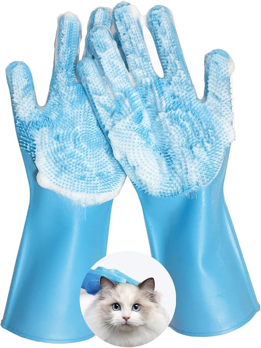 Pet Grooming Gloves, Silicone Bath Massage Gloves, Wet & Dry Use for Cats Dogs (Blue) | Crafted from quality silicone, gets rid of loose hair easily. Soothes pets while bathing and regular brushing