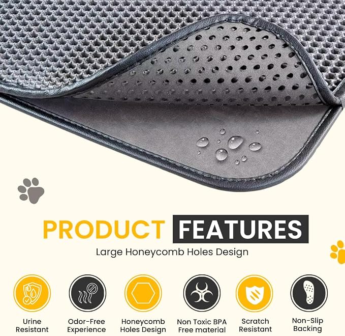 Andalus Brands Large Cat Litter Mat - Waterproof & Urine-Proof Litter Box Mat, Non-Slip Kitty Litter Mats for Floor, Easy to Clean Litter Trapping Design (30" x 24", Grey)