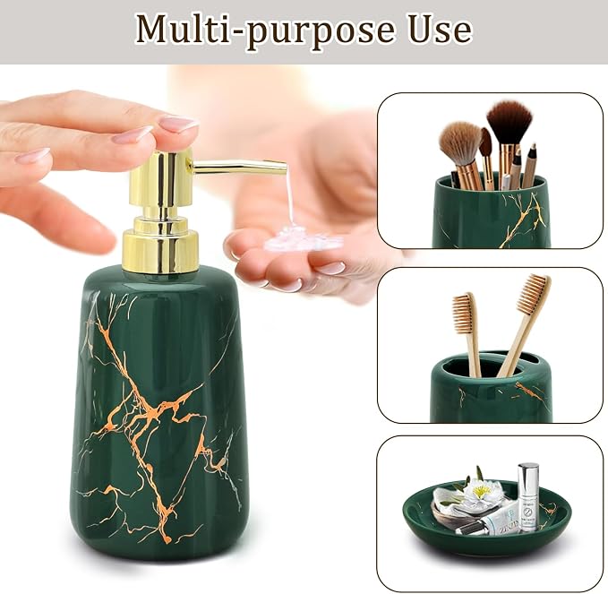 CERBIOR Bathroom Accessories Set,4 Pcs Ceramic Bathroom Accessory,Green | Includes Toothbrush Holder, Toothbrush Cup, Soap Dish for Decorative Countertop and Housewarming Gift