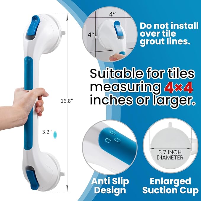 TAILI Shower Grab Bar Glow in The Dark, 16.8 in Grab Bars for Bathtubs, Shower Handles Bath Rails for Seniors and Elderly, Bathroom Safety Grip Removable No Drilling Waterproof Blue,G9