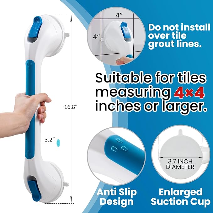 TAILI Shower Grab Bar Glow in The Dark, 2 Pack 16.8 in Grab Bars for Bathtubs and Showers,Shower Handles Rails for Seniors and Elderly,Bathroom Safety Grip Removable No Drilling Waterproof Blue,G9