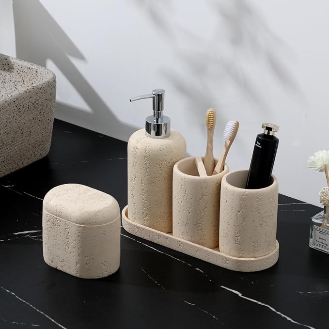 Bathroom Accessories Set, 5PCS, Travertine Stone Look, Yellow | Modern Bathroom Accessory Set with 13.53OZ Soap Dispenser, Mouthwash Cup, Toothbrush Holder, Qtip Holder, Vanity Tray