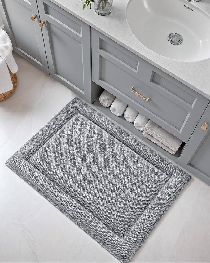 DEXI Memory Foam Bath Mat 24x17, Thick Chenille Bathroom Rug, Light Grey | Ultra Soft Absorbent, Non Slip Quick Dry, Cushion Plush Bath Carpet for Tub Shower, Sink