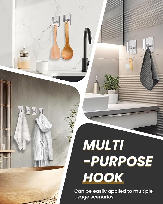 Heavy Duty Adhesive Hooks - 26lb Max, Sticky Wall Hooks Waterproof Stainless Steel for Hanging Towel, Coat, Robe, Towel Hooks Stick on Bathroom, Kitchen, Shower, Door (Silver, 4 Pack)