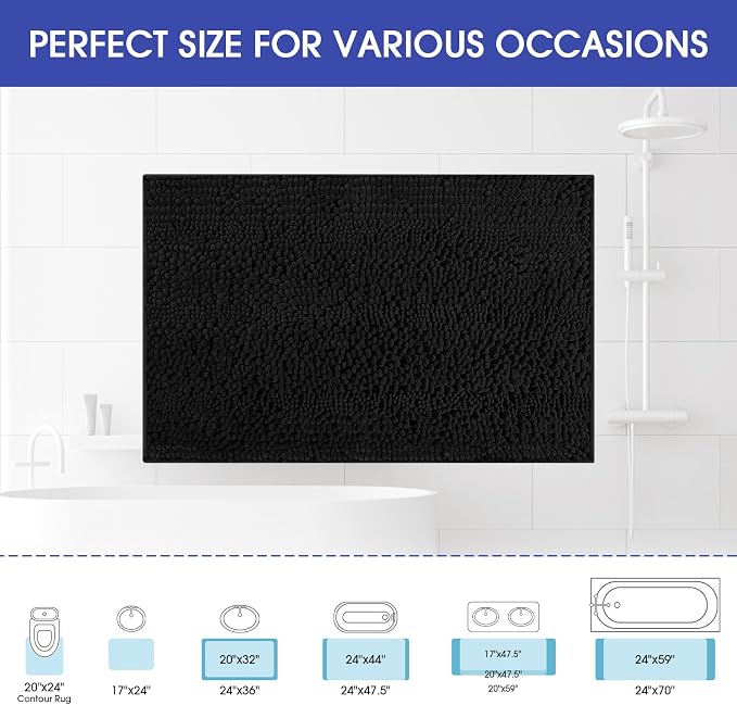 ACCUMTEK Striped Black Bathroom Rug Mat 59"x20" Ultra Soft, Non Slip Chenille Bath Rugs, Absorbent Plush Shaggy Bath Mats for Bathroom, Bedroom, Kitchen, Shower, Tub