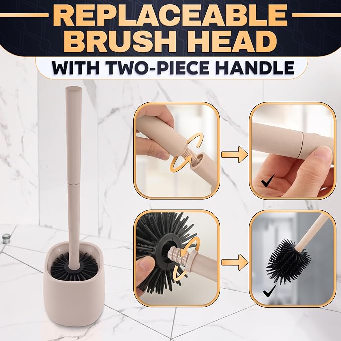 Silicone Toilet Brush and Holder Set - Cream RV Toilet Brush with Holder, Flexible Head, Soft Bristles, Detachable Handle and Freestanding Base, Compact Bathroom Cleaning Tool with Minimalistic Design