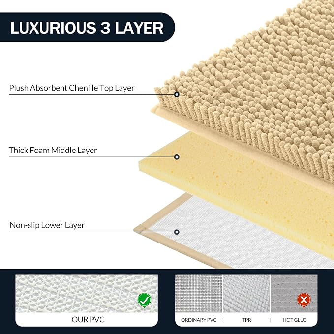 LINLA 3 Pieces Bathroom Rugs Set, Non-Slip Chenille Bath mat | Absorbent Thick Plush Chenille Carpet Mats Set,Washable Dry Quickly with U-Shaped Toilet Mat for Tub, Shower