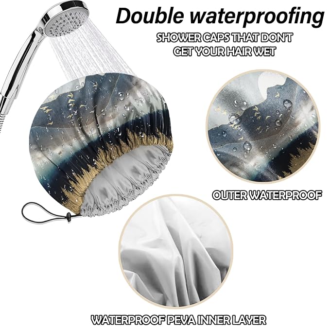 2 PCS Shower Cap Reusable Waterproof Double Layers Hair Caps Shower Bath Adjustable Elastic Hat for Women Girls Cute Aesthetic-Sunset Forest