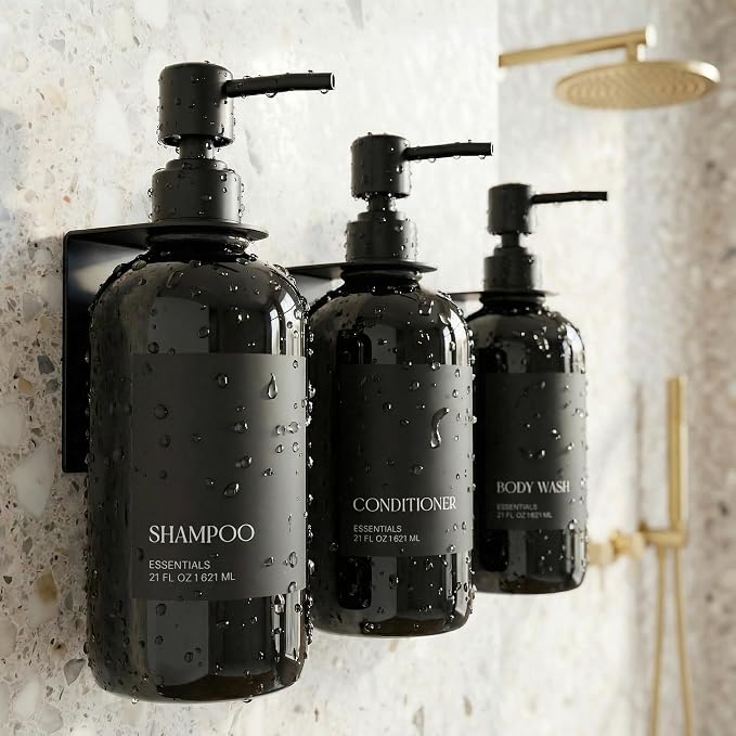 Stylish Shampoo & Conditioner Dispenser Set of 3 - Wall Mount, Drill Free | Modern 21oz Shower Soap Bottles with Labels - Easy Refill Body Wash Dispensers for an Instant Bathroom Decor Upgrade