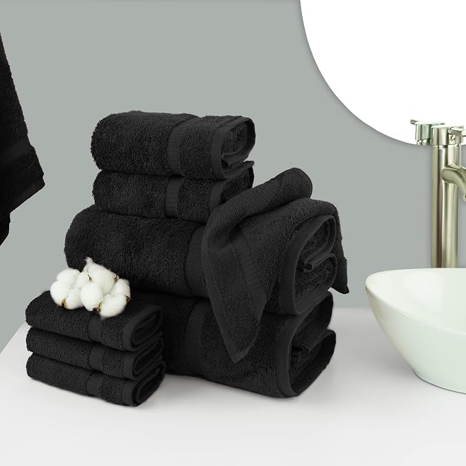 Chakir Turkish Linens 100% Cotton 8-Piece Towel Set, Black | 100% cotton 8-pc set, OEKO-TEX certified: 2 bath 27x54, 2 hand 16x30, 4 washcloths 13x13