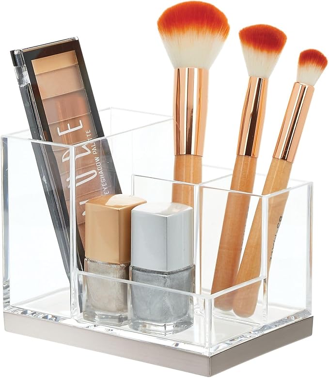mDesign Plated Toothbrush and Toothpaste Holder, Storage Organizer Stand with 4 Compartments for Bathroom Countertop, Holders for Electric Toothbrush, Toothpaste, Hyde Collection, Clear/Brushed Chrome