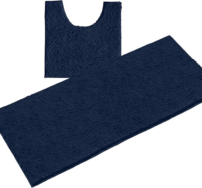 LuxUrux 2-Piece Bathroom Rug Set – Plush Chenille Runner & U-Shaped Toilet Mat, Soft, Absorbent & Non-Slip Design (20x20 U & 27x47 inches, Navy)
