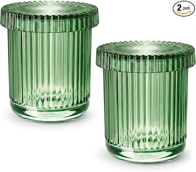 2 Pack Qtip Holder - Apothecary Jars with Lids, Bathroom Organizers and Storage Canister for Cotton Balls,Swabs,Floss Picks,Hair Ties,Clear Glass Vintage Bathroom Decor Jar Set (Green)