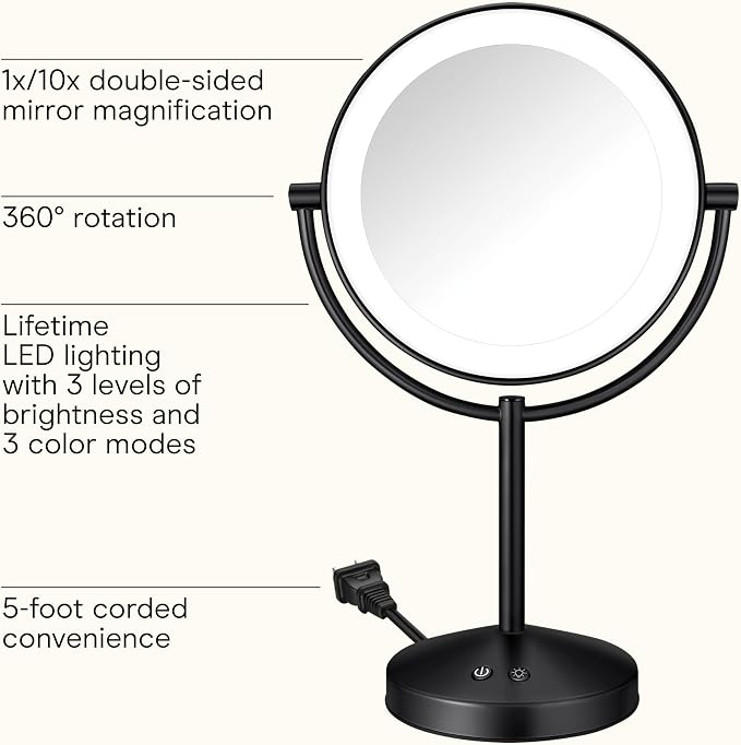 Conair Lighted Makeup Mirror, Double-Sided LED Vanity Mirror with 1X/10X Magnification, 3 Light Settings, 3 Modes, 360° Rotation, Matte Black Finish (Pack of 2)