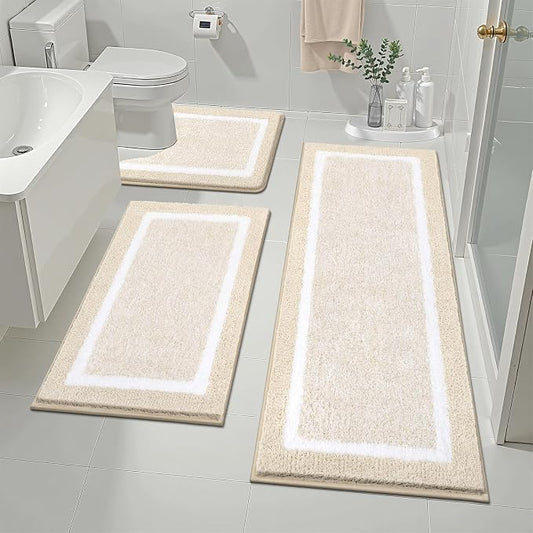 Pauwer Bathroom Rug Sets 3 Piece, Non Slip Washable Bath Mat, Light Beige | Soft Plush Microfiber, Super Absorbent Floor Carpet, U Shaped Toilet Mats, Quick Dry, Shaggy Shower Rugs Runners