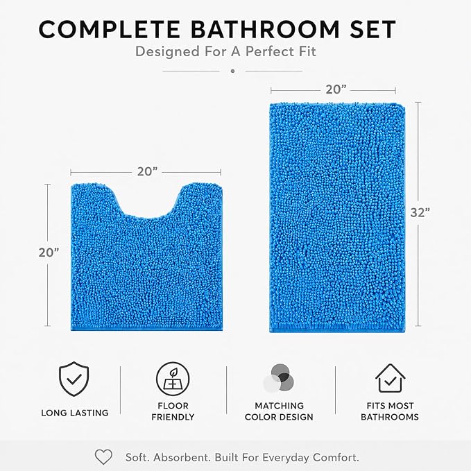Bathroom Rugs Sets 2 Piece,Super Absorbent Soft,Thick,Machine Washable Chenille Bath Mat,Non Slip Toilet Floor Rug,Bath Mats for Bathroom,20x32 Plus 20x20 U Shape,Calm Blue