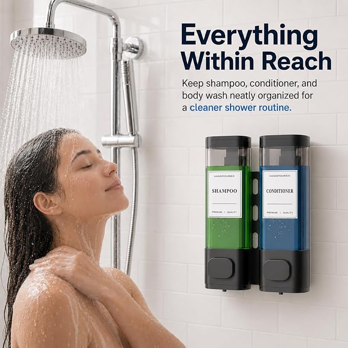 Shampoo and Conditioner Dispenser – Wall-Mounted Shower Soap Dispenser, No-Drill Installation, Lockable, 900 ml Capacity,for Bathroom & Hotel or Airbnb (Black, 2-Pack)