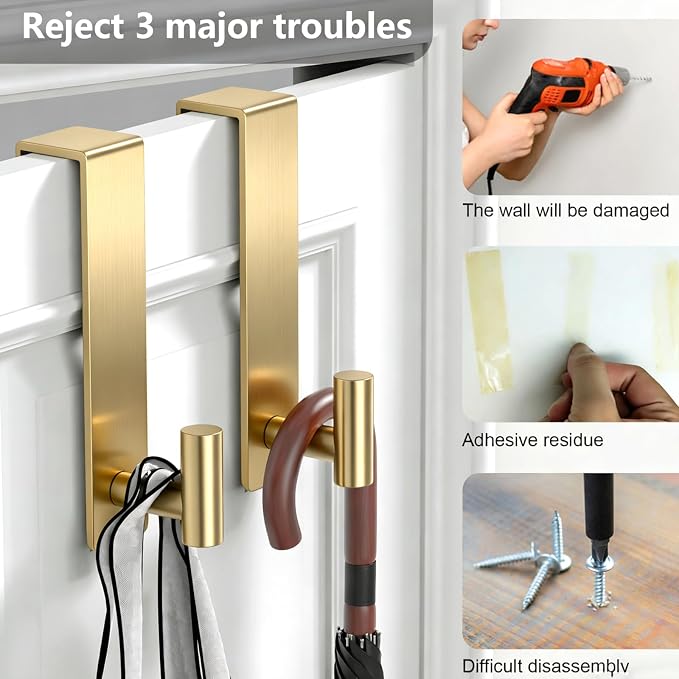 PMMASTO 2-Pack Over The Door Hooks - Rustproof Stainless Steel Door Hangers for 1-3/4 Inch Doors, Non-Marking and Tool-Free Easy Install (Gold, T Shape)
