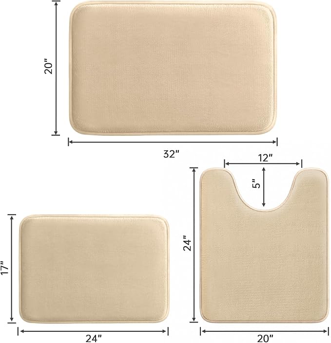 HUXMEYSON 3-Piece Memory Foam Bathroom Rug Set, Light Coffee | Quick Dry Velvet Surface, Non-Slip & PVC Backing, Ultra Soft Bath Rugs for Bathroom, 17"x24"+20"x32"+U Shape 20"x24"