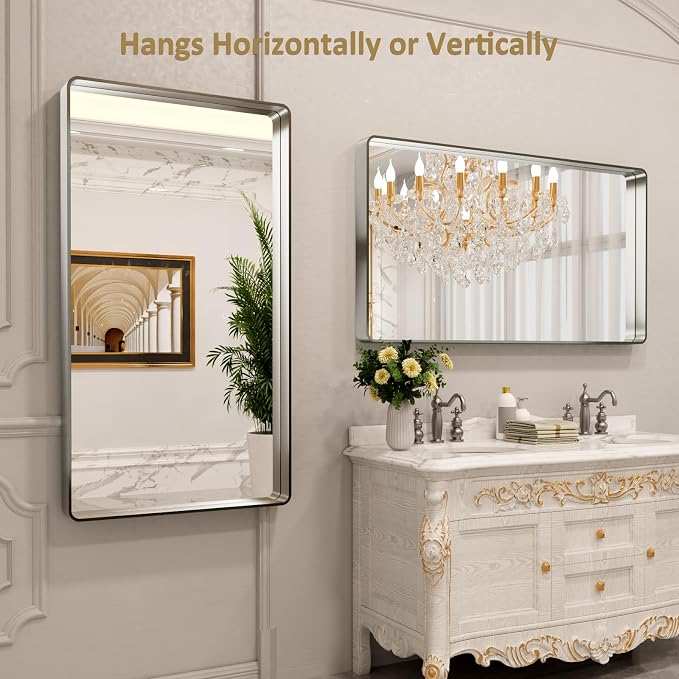 LOAAO 55X30 Inch Brushed Nickel Bathroom Mirror, Rounded Rectangle Silver Metal Frame Mirror, Brushed Nickel, Anti-Rust, Shatter Proof, Hangs Horizontally or Vertically | Rounded Rectangle, Silver Metal Frame, Anti-Rust, Tempered Glass, Hangs Horizonta...