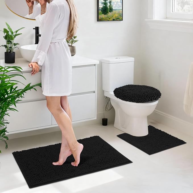 Bathroom Rugs Sets 3 Piece with Toilet Seat Cover 19.5"x 18.5" | Machine Washable Bath Rug Set with Tpr Non Slip Rubber Backing Solid Bath Mat Set for Luxury Bathroom Decoration