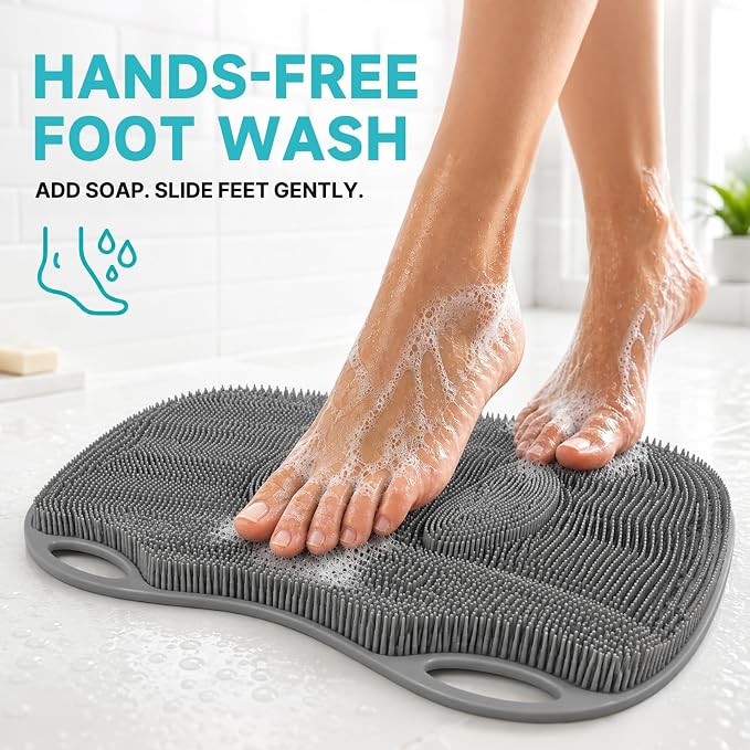XL Silicone Shower Foot Scrubber Mat with Suction Cups, Foot Washer for Shower, Foot and Back Scrubber for Smooth Shower Wall or Floor, Grey, 17.3 x 12.9 in