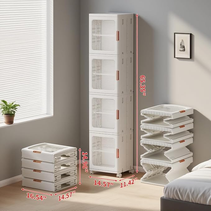 4-Tier Narrow Storage Cabinet Foldable Plastic Bathroom Organizers with Magnetic Doors & Adjustable Shelves, Slim Storage for Small Spaces Pantry Kitchen Laundry Room Quick Assembly, White