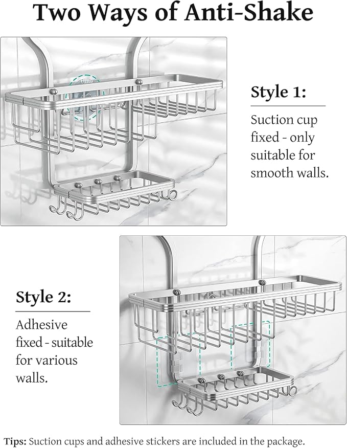 Never Rust Shower Caddy Hanging, Aluminum Shower Racks for Inside Shower, 3-Tier Shower Organizer Hanging Over Shower Head with Hooks and Soap Holder, Silver