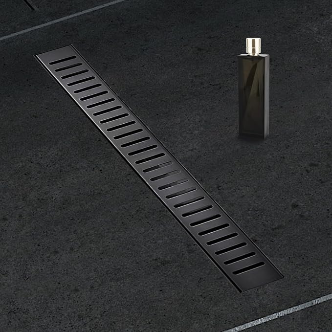 28 Inch Linear Shower Drain Bathroom Kitchen Matte Black Floor Drain Removable Capsule Pattern Cover Accessories Shower Drain 304 Stainless Steel Drain with Hair Strainer Adjustable Leveling Feet