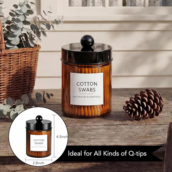 Amolliar Amber Glass Apothecary Jars Qtip Holder w/Plastic Lids,Black 2pc | for Bathroom Vanity Storage, Countertop, Farmhouse Style, Holds Cotton Swabs, Dental Floss, Makeup Sponges