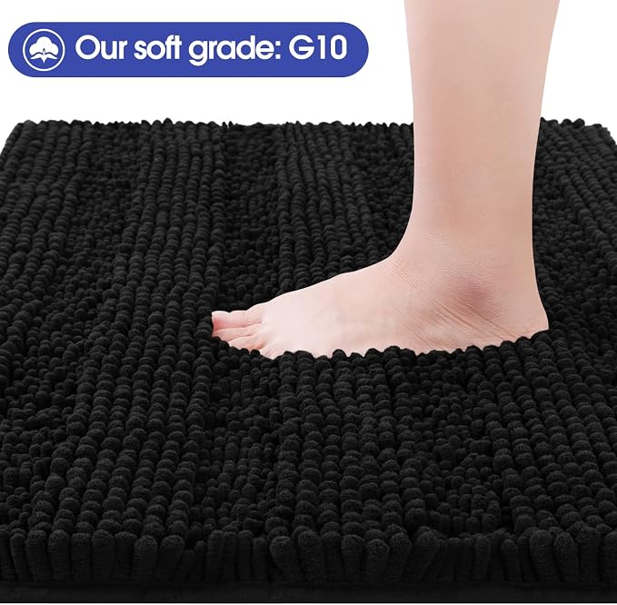 ACCUMTEK Striped Black Bathroom Rug Mat 36"x24" Ultra Soft, Non Slip Chenille Bath Rugs, Absorbent Plush Shaggy Bath Mats for Bathroom, Bedroom, Kitchen, Shower, Tub