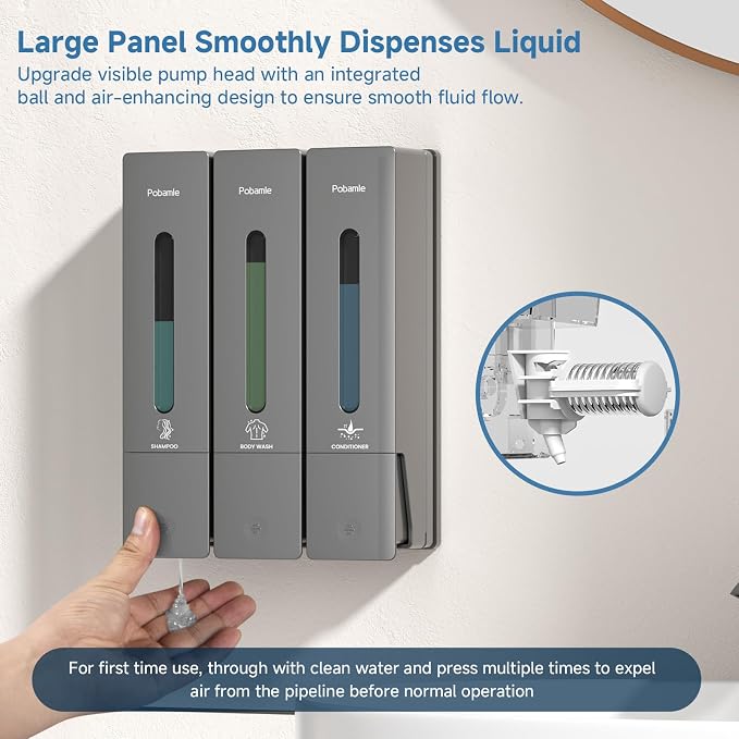 Shampoo and Conditioner Dispenser - Shower Soap Dispenser Wall Mounted No Drill - Shampoo Conditioner Body Wash Dispenser 3 Chamber - Easy Install for Bathroom Hotel Gungrey 1200ml