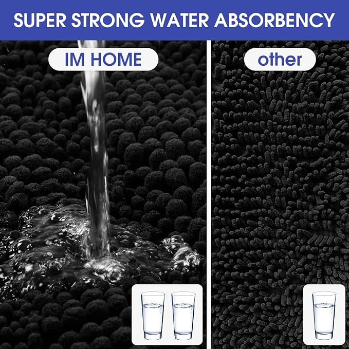 ACCUMTEK Extra Long Striped Black Bathroom Rug Mat 70"x24" Ultra Soft, Non Slip Chenille Bath Rugs, Absorbent Plush Shaggy Bath Mats for Bathroom, Bedroom, Kitchen, Shower, Tub