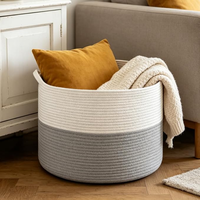 XXXLarge Blanket Basket Living Room - 22" x 22" x 14" Cotton Rope Baskets for Storage - Large Woven Basket for Toys, Towels, Pillows, Clothes- Rope Laundry Basket with Handles - Nursery Hamper Bin