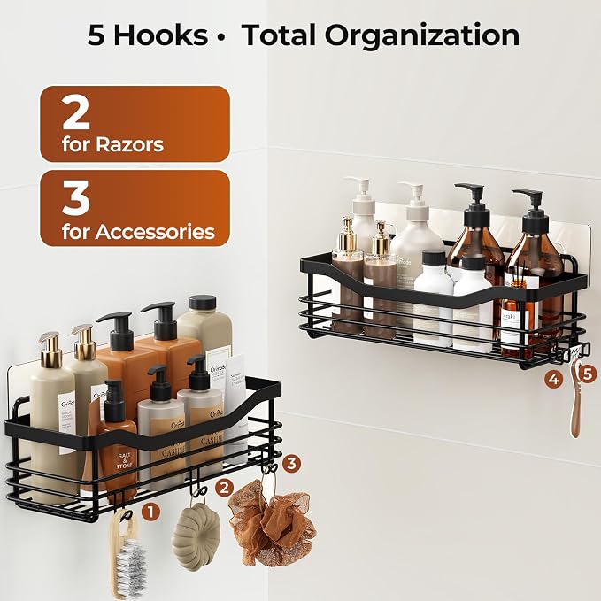 Orimade Adhesive Shower Caddy Shelf with 5 Hooks Organizer Storage Rack Rust Resistant Wall Mounted Stainless Steel No Drilling for Bathroom, Toilet, Kitchen - 2 Pack,Black