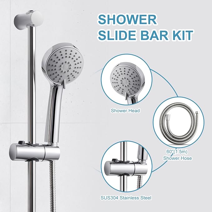 OFFO Shower Slide Bar Combo, Adjustable 21 in Slide Bar with 3-Mode Round Handheld Shower Head and 60 in Stainless Steel Hose, Screw Wall Mounted, Chrome Finish