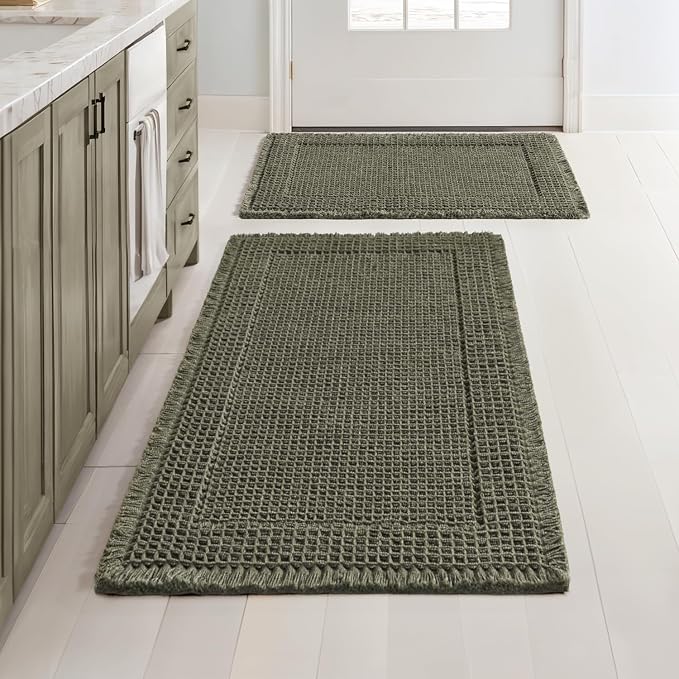 MIULEE Set of 2 Waffle Bathroom Rugs Bordered Mat Green 17"x24"+18"x30" | Non Slip, Super Absorbent, Washable, Ultra Soft, Rubber Backed Bath Rugs for Bathroom Floor Tub and Shower, Boho Decor