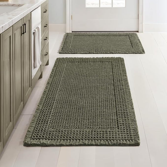 MIULEE Set of 2 Waffle Bathroom Rugs Bordered Mat Green 17"x24"+18"x30" | Non Slip, Super Absorbent, Washable, Ultra Soft, Rubber Backed Bath Rugs for Bathroom Floor Tub and Shower, Boho Decor