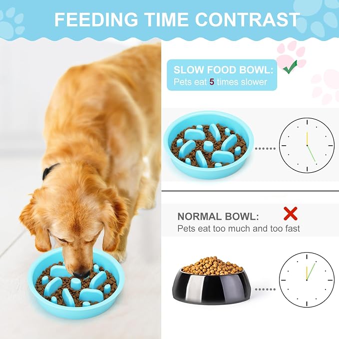 Slow Feeder Dog Bowls 3 in 1 Stainless Steel Food Water Bowl to Slow Eating | Durable, Non-spill & Non-skid with Silicone Mat Design, Slow Down Eating, Suitable for Small Medium Large Dogs and Cats