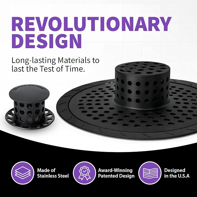 ShowerShroom Ultra Matte Black Hair Catcher, Stainless Steel Drain Protector, Fits All Shower Drains