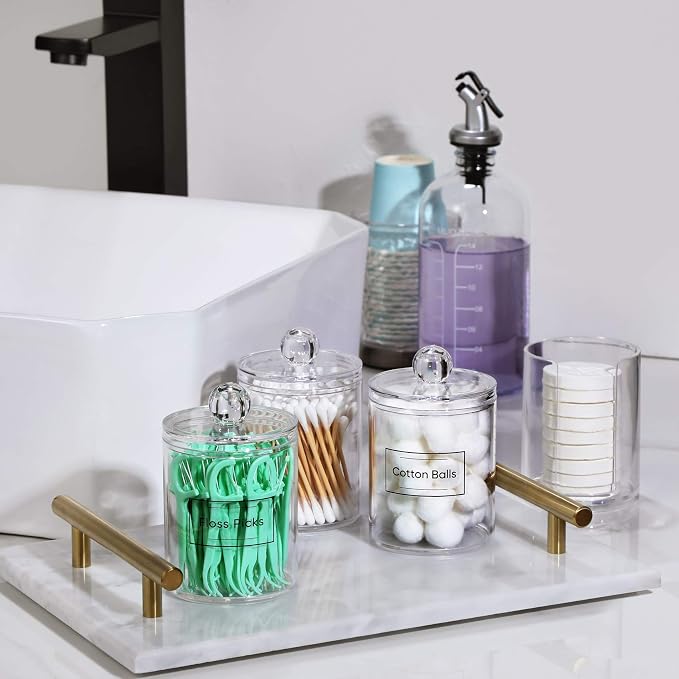 4 Pcs Acrylic Qtip Holder Dispenser for Cotton Swabs, Balls, Floss Picks | Thick, Highly Clear, w/ Labels - Small Canister Apothecary Jar Set, Bathroom Decor Essentials, Shelf Vanity Storage Organizer