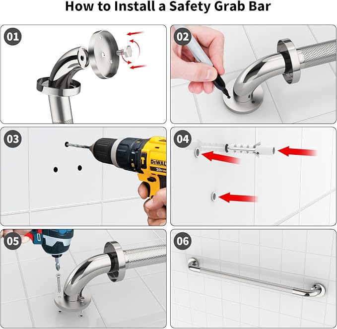 Chrome Bathroom Grab Bars 36 Inch, iHansee Anti Slip Grab Bar w/Knurled Grip, Stainless Steel Safety Handle for Bathtub, Wall Mounted Balance Support Handrail, Handicap Shower Bars for Senior Elderly