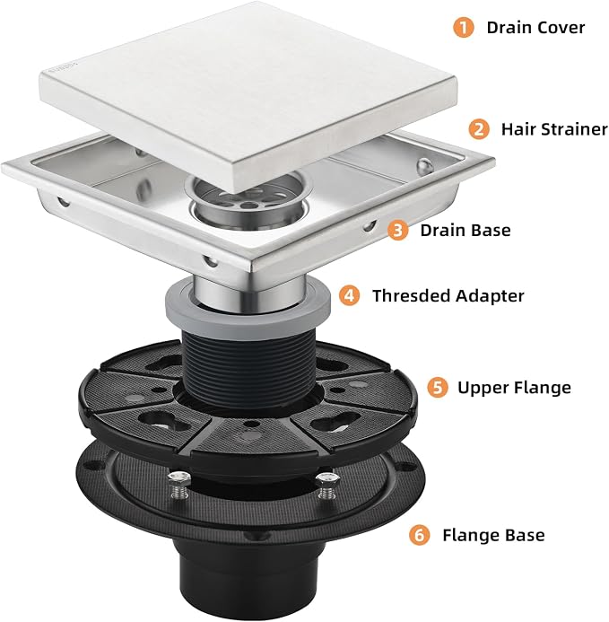 6-Inch Square Shower Drain, Brushed Nickel Floor Drain with Flange, 304 Stainless Steel Bathroom 2-in-1 Tile Drain